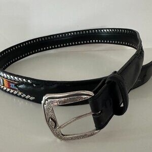 Woven Trim Belt Man Made Materials Size 36 Black Silvertone Buckle Rivets Aztec